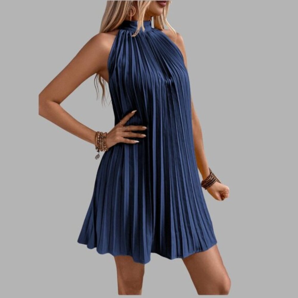 Tie Back Pleated Halter Dress Blue - Picture 5 of 6